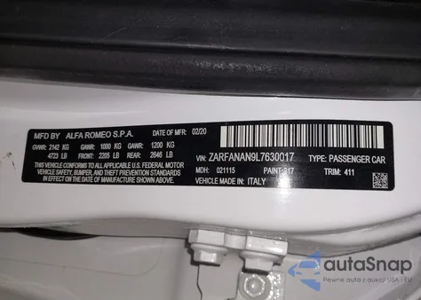 2020 Alfa Romeo Giulia Sport Awd из США, поврежденный, VIN ZARFANAN9L7630017